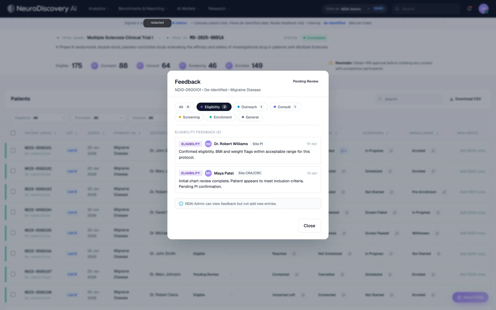 Feedback modal for one de-identified patient showing eligibility notes from a site investigator and a coordinator, with roles and timestamps.