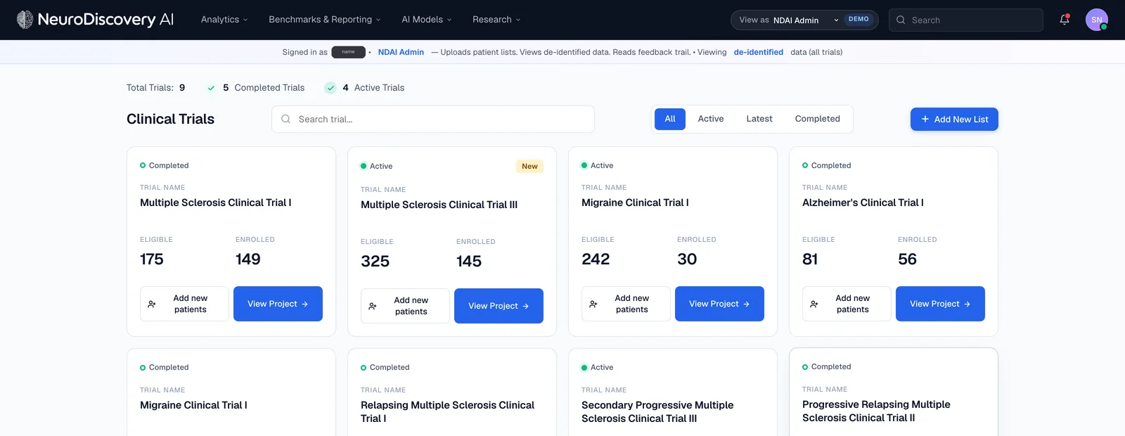 Clinical Trials overview with cards for each trial showing status and eligible and enrolled counts.