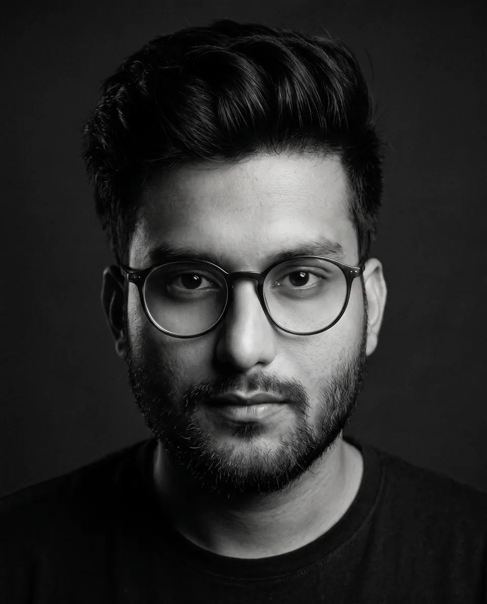 Black and white portrait of Anurag Jha in a black t-shirt against a dark background.