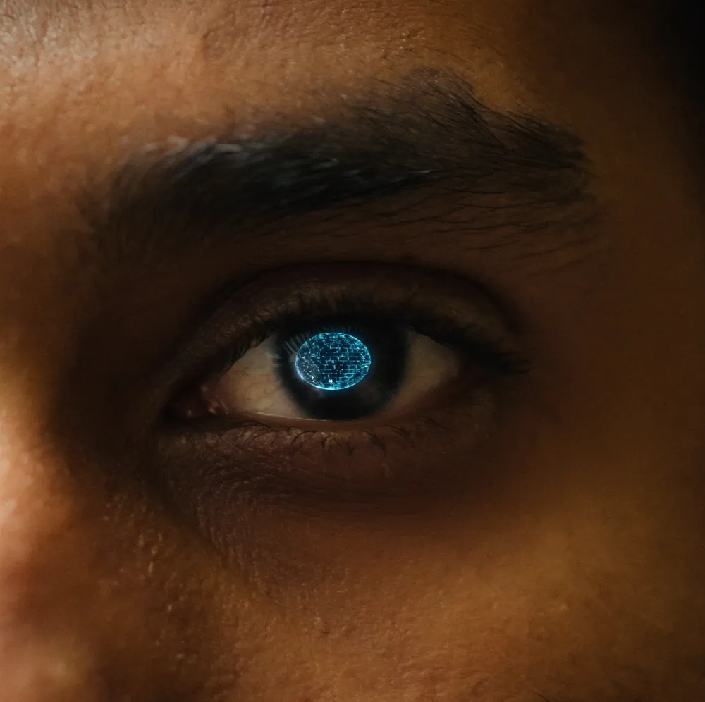 A close up of Anurag's eye with a glowing blue orb interface reflected in it.