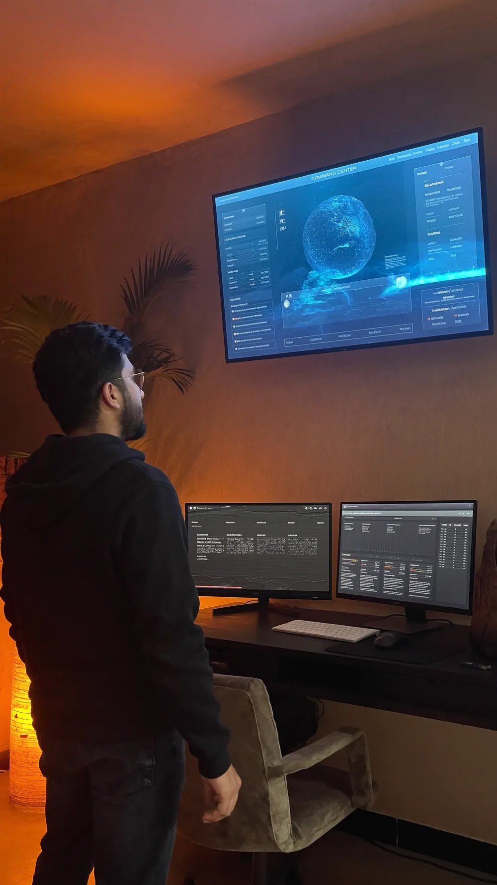 Anurag from behind, facing a wall screen with a glowing orb above a desk of monitors.