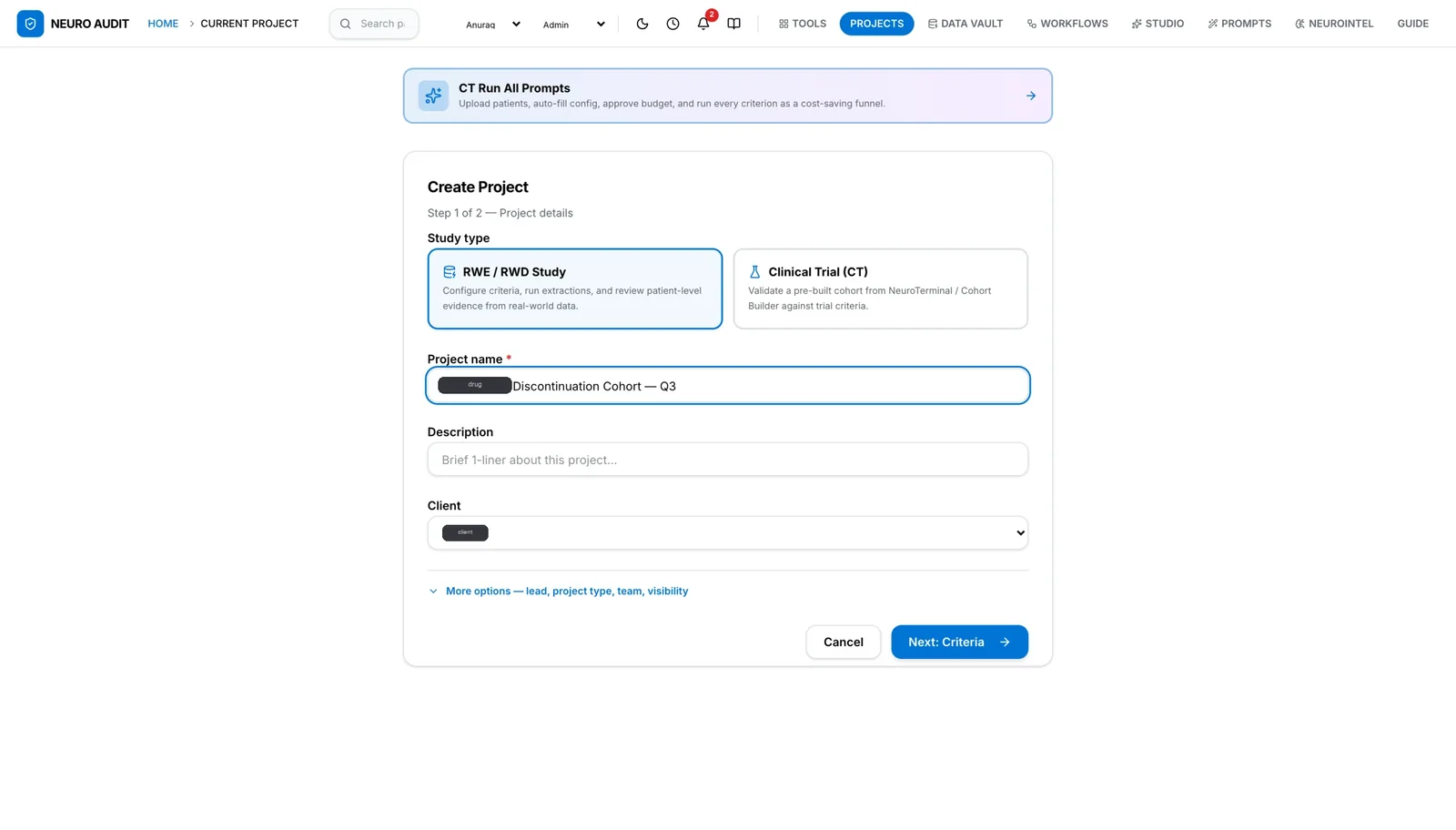 Create project form with study type cards for RWE and clinical trial