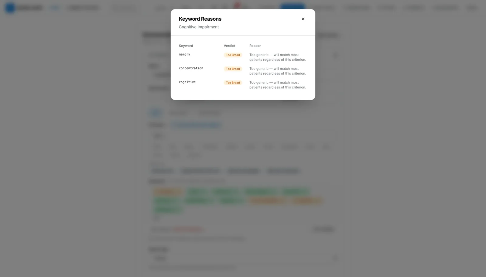 Keyword reasons dialog listing three keywords flagged as too broad