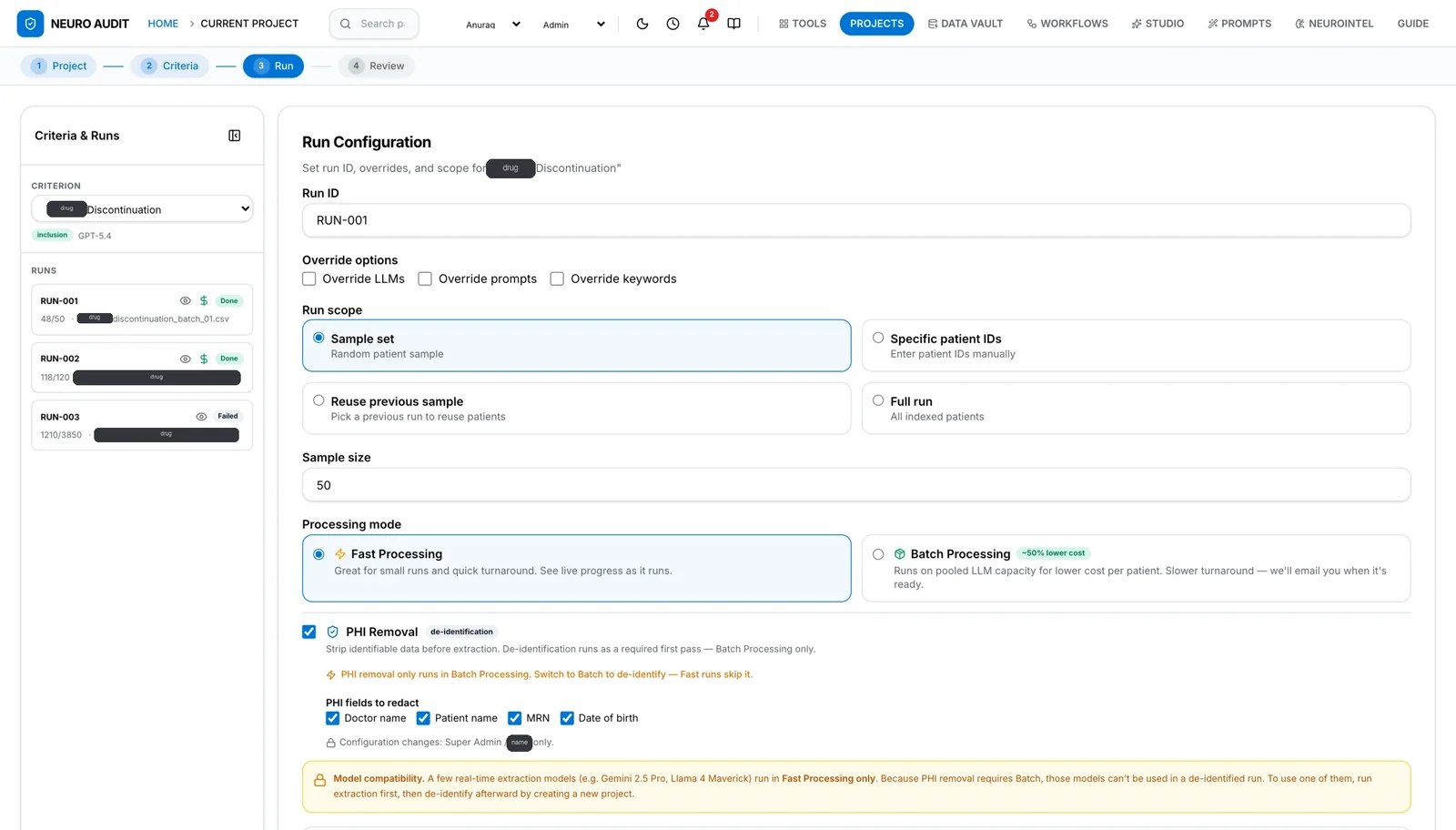 Run configuration with sample size and processing mode options