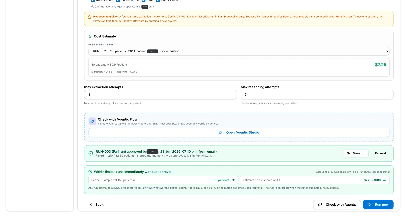 Run configuration showing a cost estimate of $7.25 for 50 patients, retry limits, an approval record and a rule that runs up to $100 start without approval.