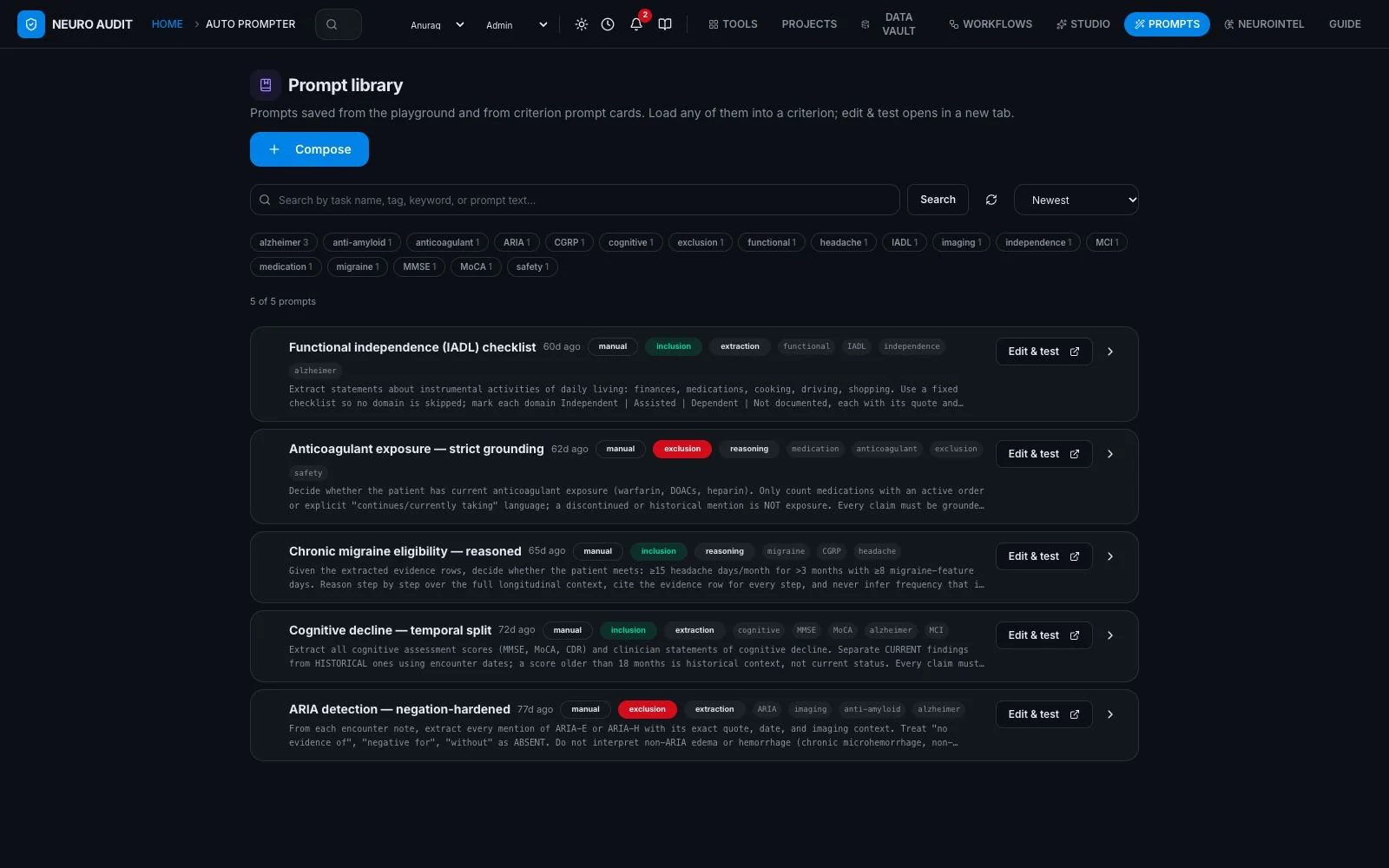 Prompt library with saved prompts and tags