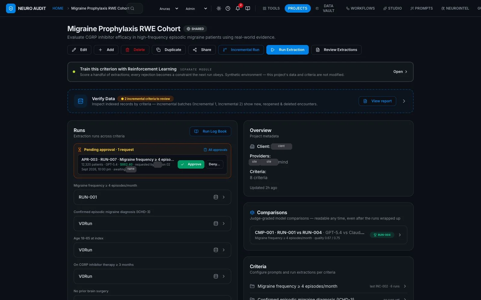 Project overview with runs, metadata, comparisons and criteria