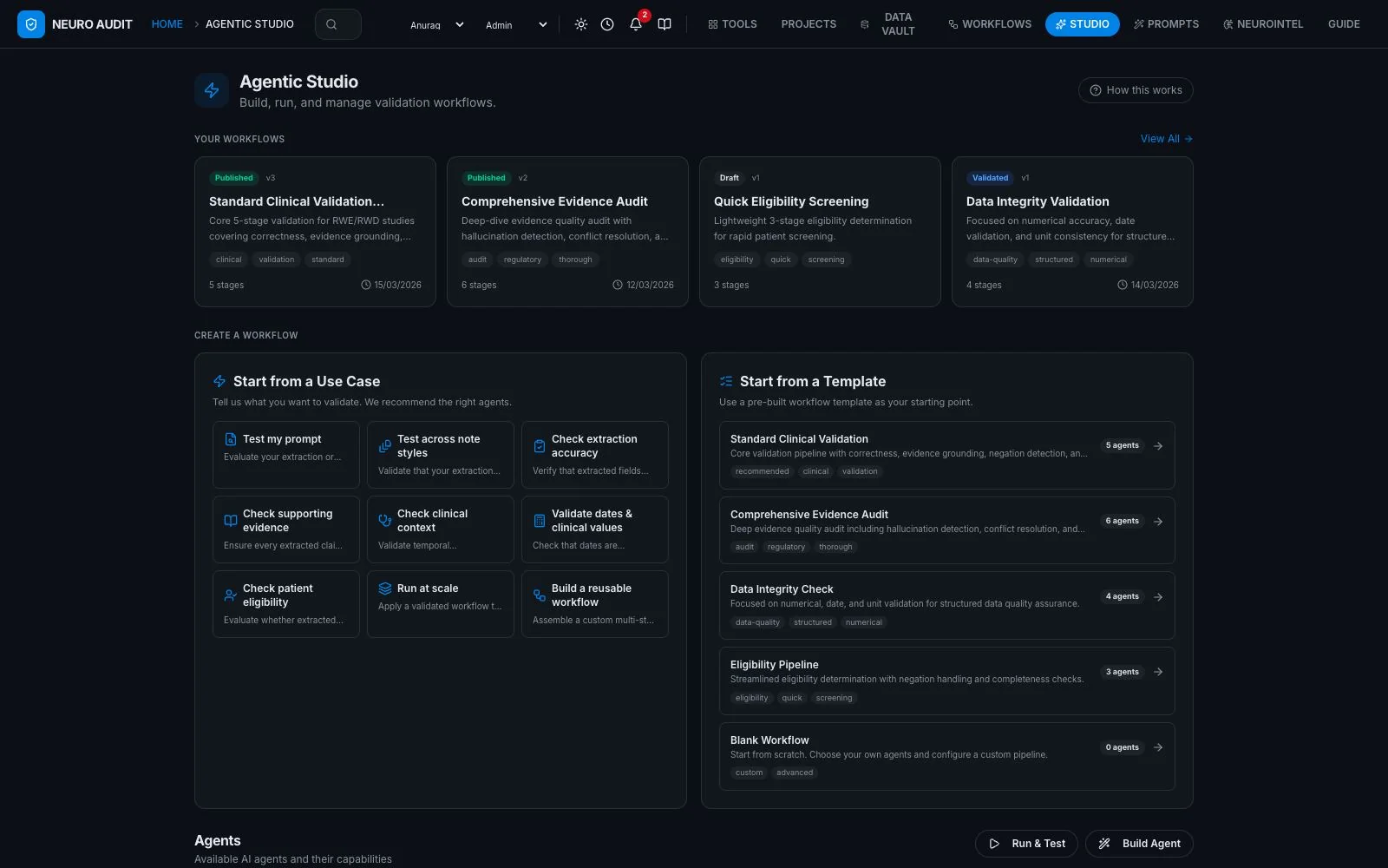 Agentic studio with published validation workflows and templates