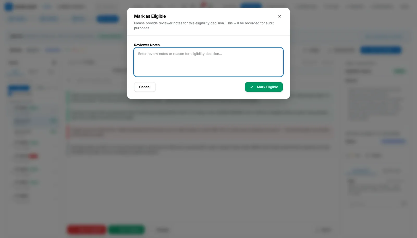 Mark as eligible dialog asking for reviewer notes