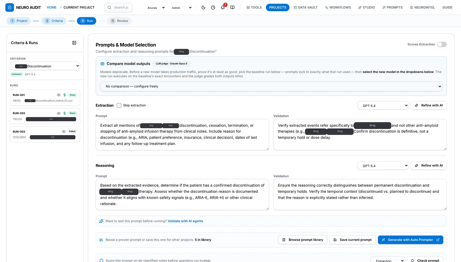 Prompt and model configuration with separate extraction, validation and reasoning prompts, a model picker per stage and an option to compare model outputs with an LLM judge.