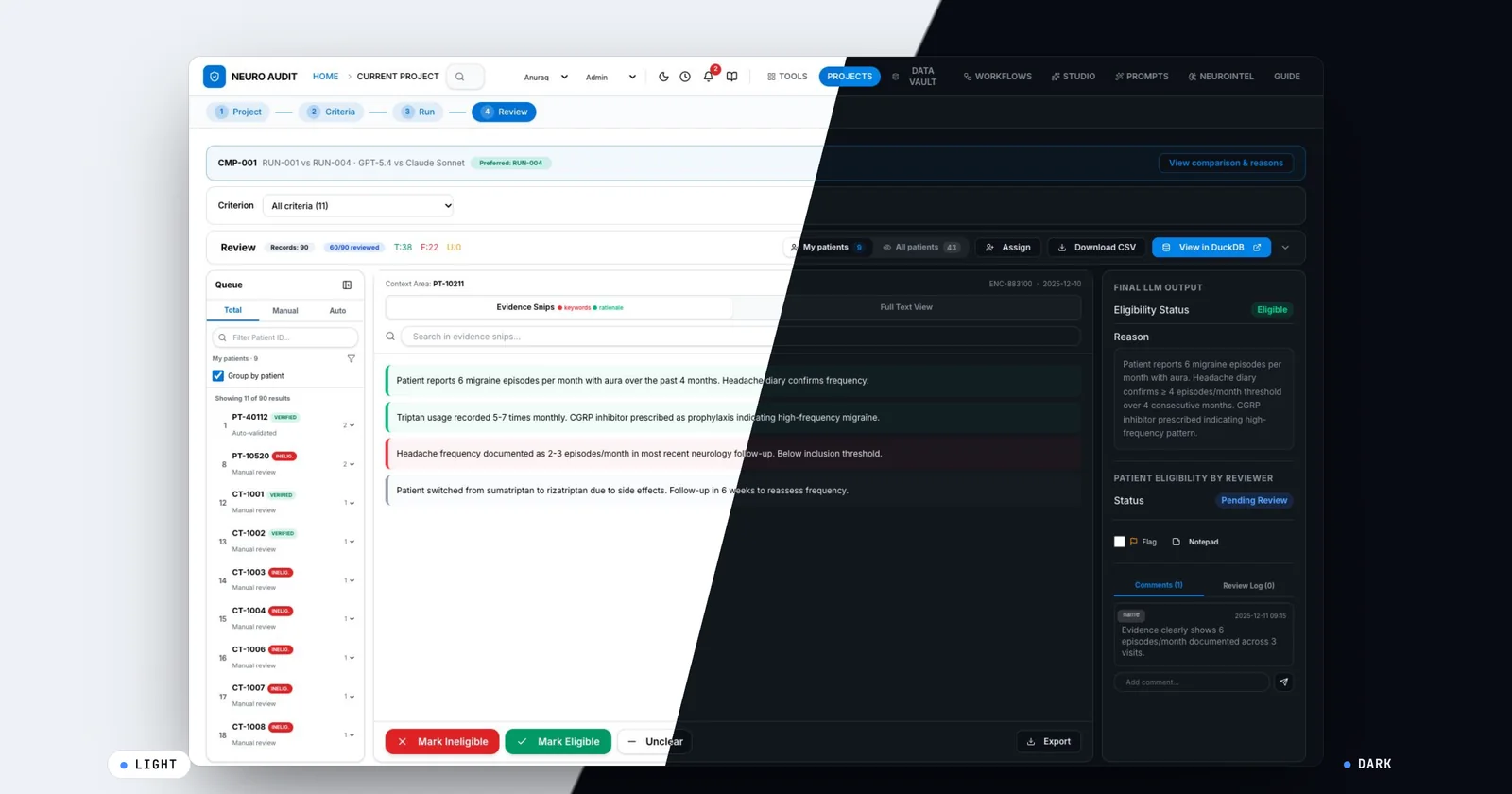 NeuroAudit review screen split diagonally between light and dark themes