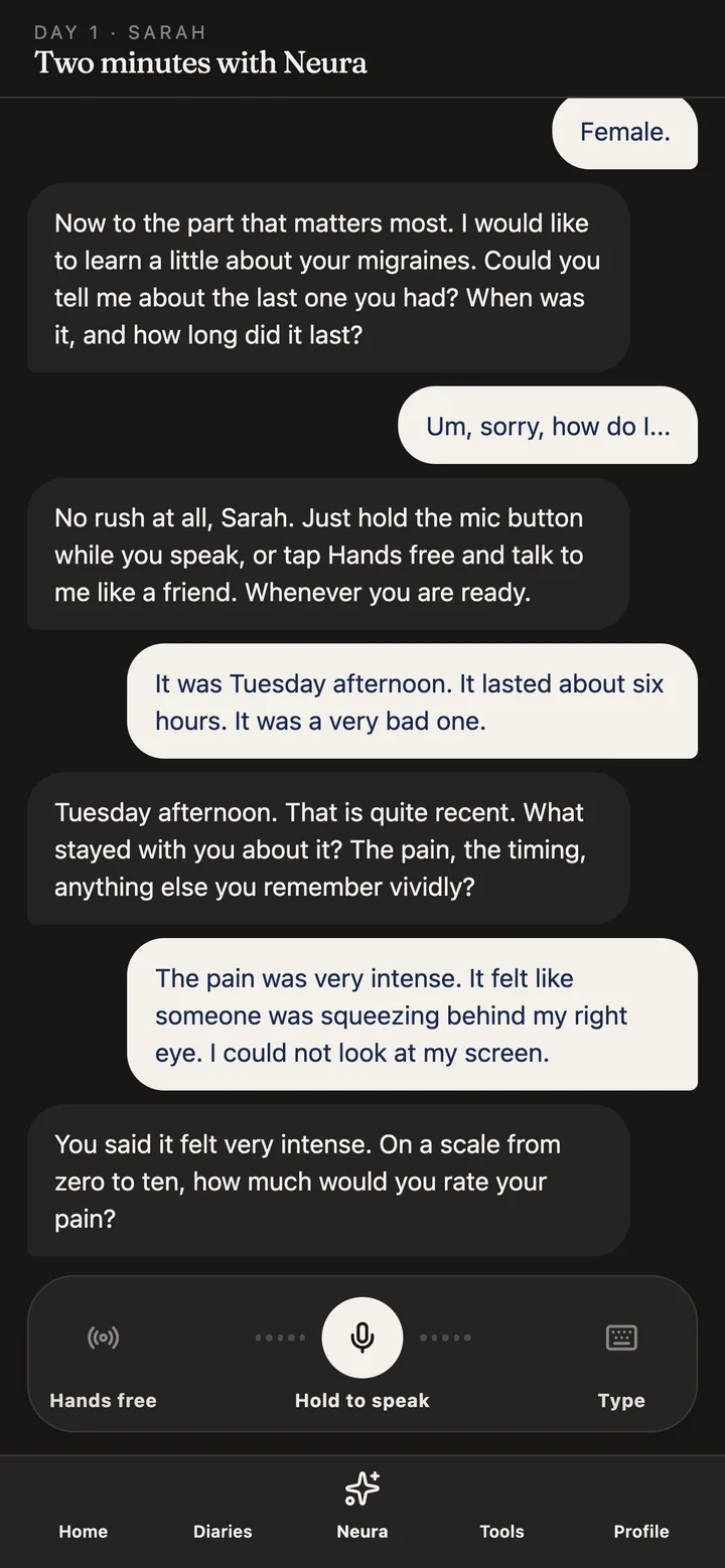 Neura's voice conversation screen with a day one chat and controls for hands free, hold to speak and type.