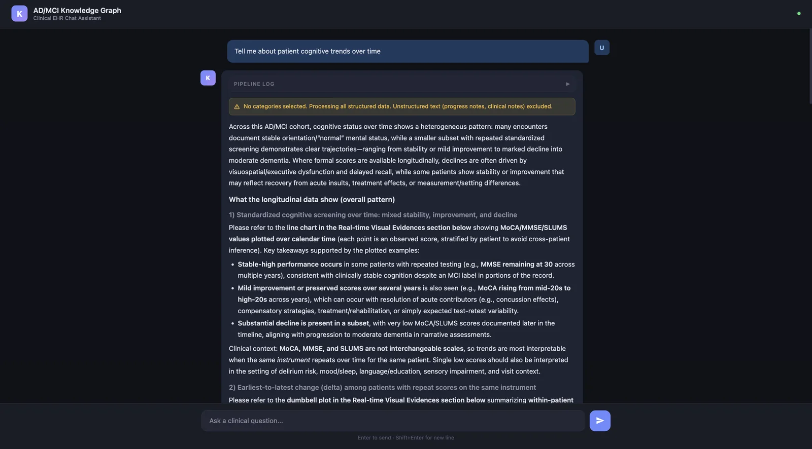 The original knowledge graph chat assistant answering a question about cognitive trends in a dark interface.