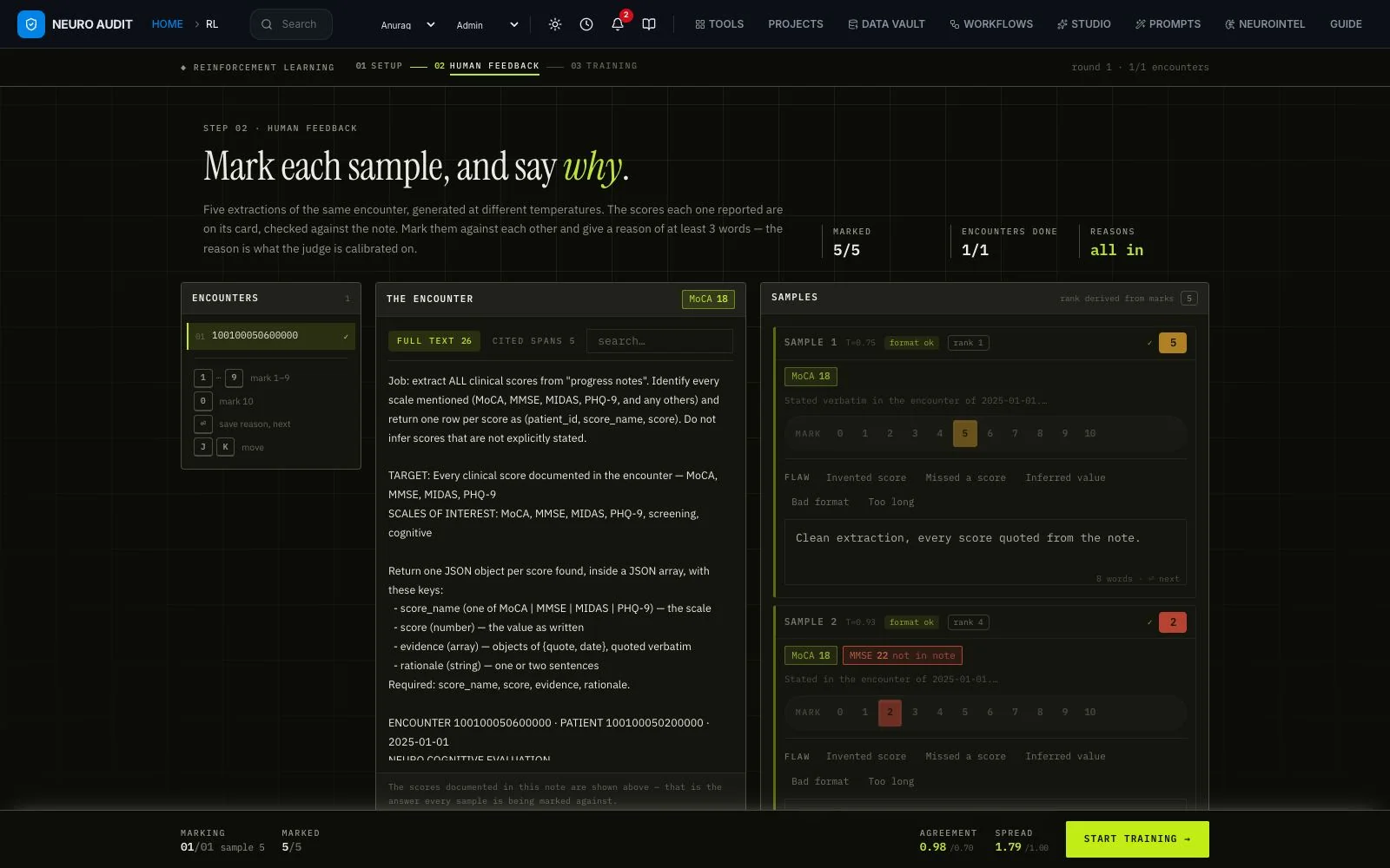 Human feedback page with an encounter, sample outputs and marks