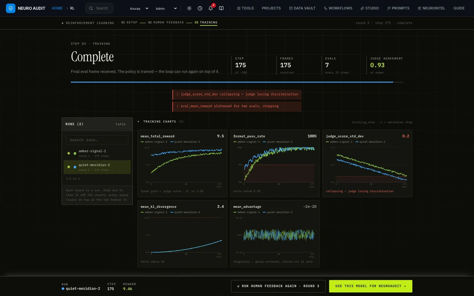 Training charts with two runs